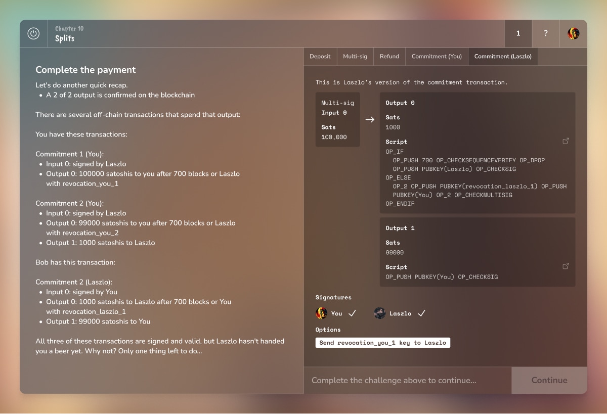 Challenge screen from Saving Satoshi Chapter 10 'Splits', showing a multi-part transaction interface with commitment details between two parties, script code, and signature status indicators. Navigation tabs at top show 'Deposit', 'Multi-sig', 'Refund', and 'Commitment' options.