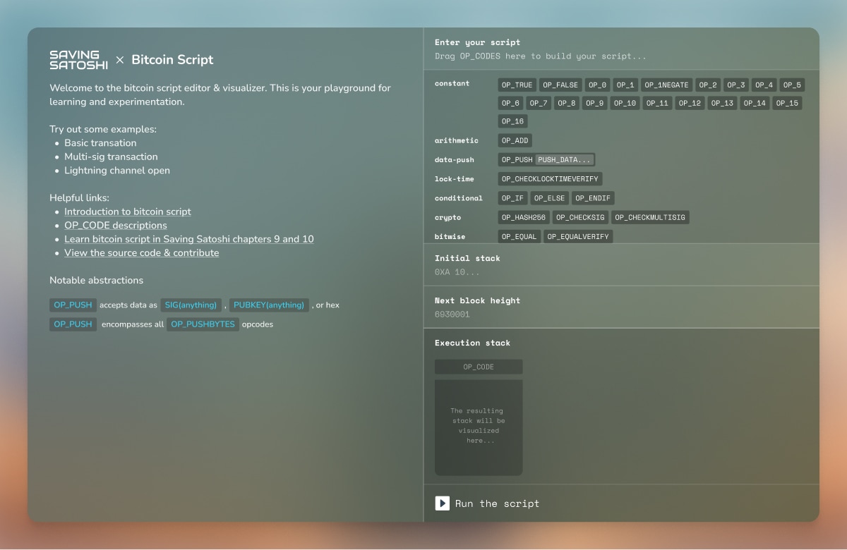 Bitcoin Script editor interface showing OP_CODE buttons organized by category (constant, arithmetic, crypto, etc.), alongside documentation, examples, and an execution stack visualizer. The interface has a dark theme with teal accents.