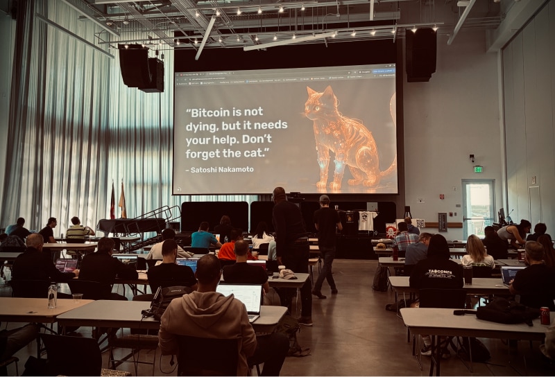 Workshop room at TABConf showing attendees at tables with laptops, facing a projector screen displaying a Satoshi Nakamoto quote from the game and a glowing cat illustration.