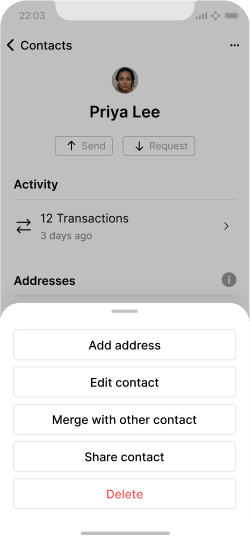 Options for editing a contacts screen