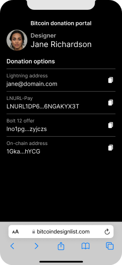 A website with a list of donation options for a bitcoin designer