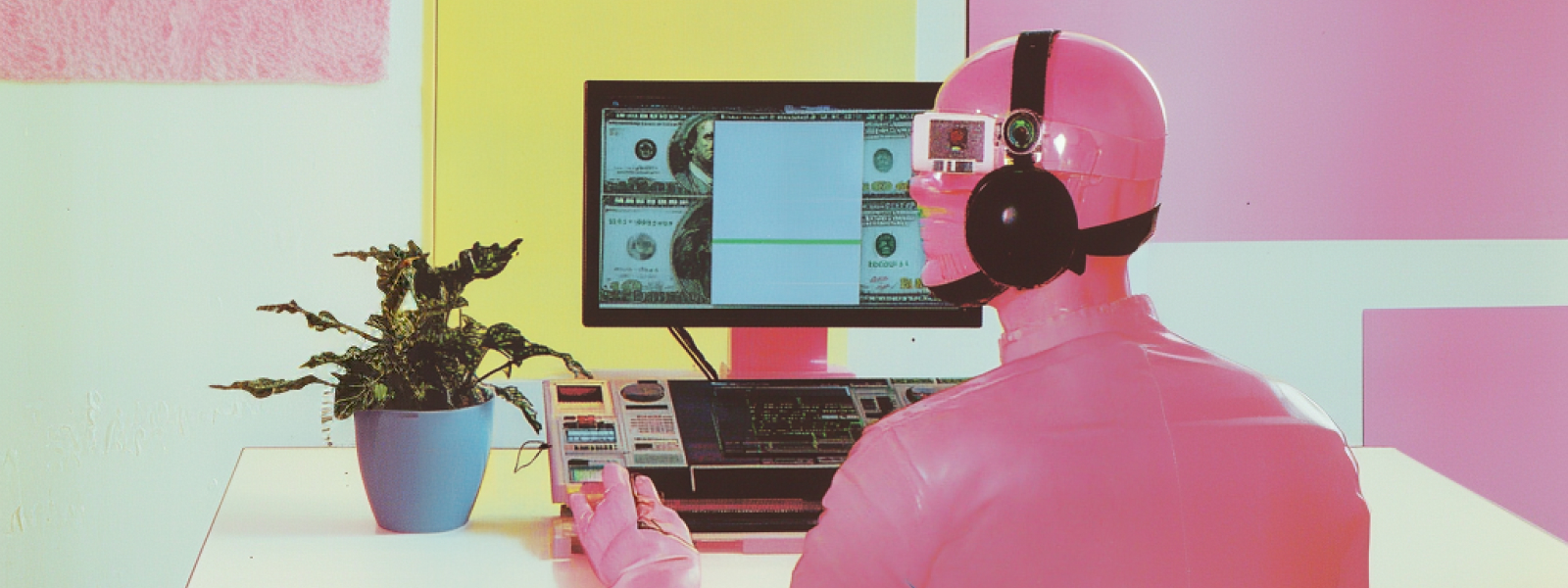 Futuristic scene featuring a person dressed in a glossy pink suit with a headset and visor, sitting at a desk. The person is working on a retro-styled computer with a monitor displaying dollar bills. A potted plant sits on the desk, contrasting with the vibrant, pastel-colored background.