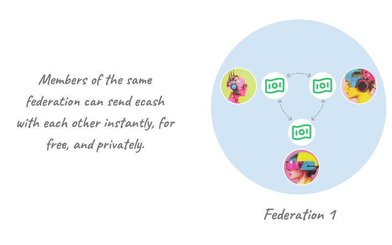 Illustration showing members of Federation 1, represented by user avatars and ecash icons within a blue circle. Dashed arrows connect the ecash icons, symbolizing instant, free, and private ecash transfers between members of the same federation. The text reads, ‘Members of the same federation can send ecash with each other instantly, for free, and privately.’