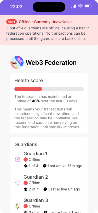 Status screen for Web3 Federation indicating an alert due to offline status.