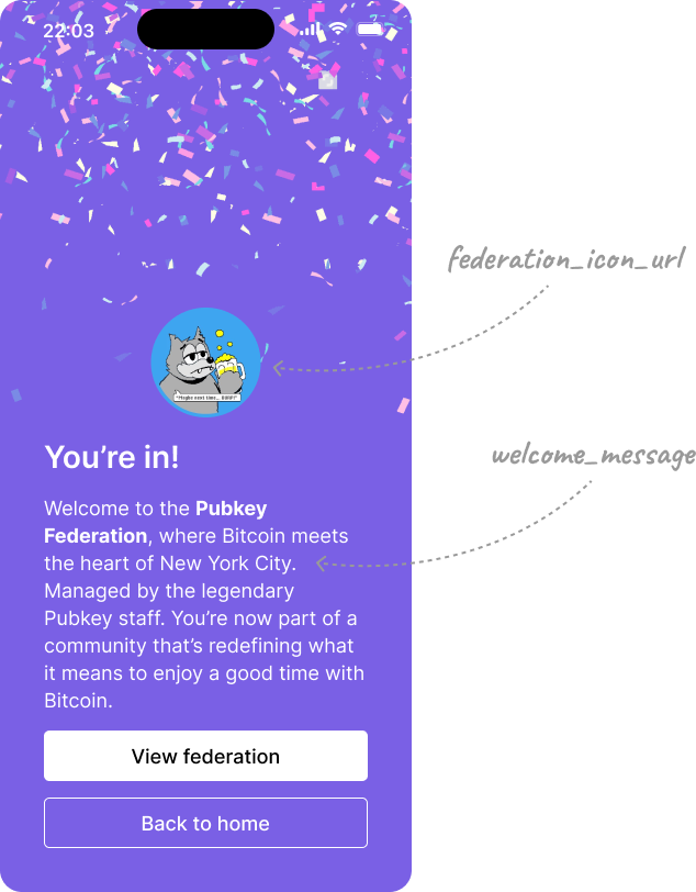 Federation welcome message display in a wallet interface.