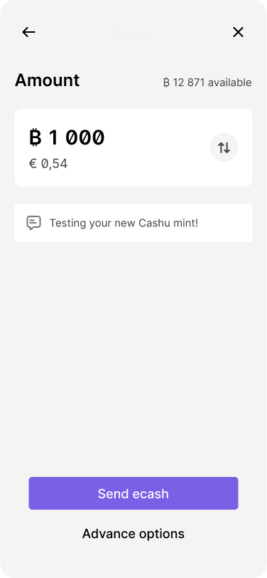 A mobile wallet interface showing a payment about to be sent. The bitcoin and fiat denominated balance is displayed at the top, along with an advance options button at the bottom.