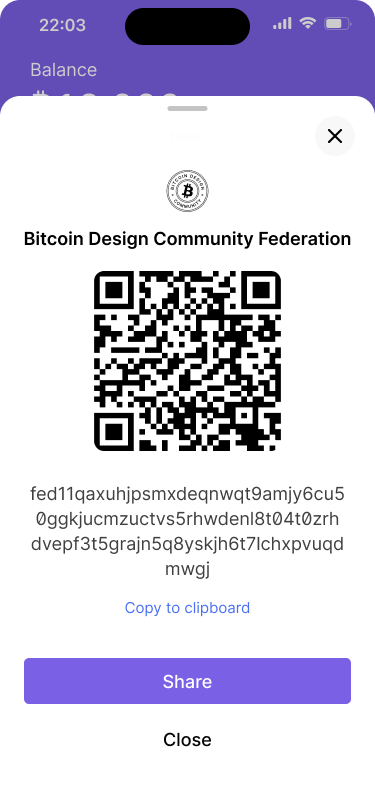 Screen showing a QR code for the Bitcoin Design Community Federation, with a long Fedimint community ID displayed below the QR code and options to copy or share the code.