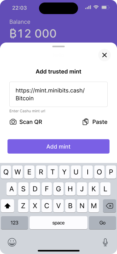 Screen for adding a trusted mint, showing the URL ‘https://mint.minibits.cash/Bitcoin’ in a text field. Options include scanning a QR code, pasting a link, or adding the mint.