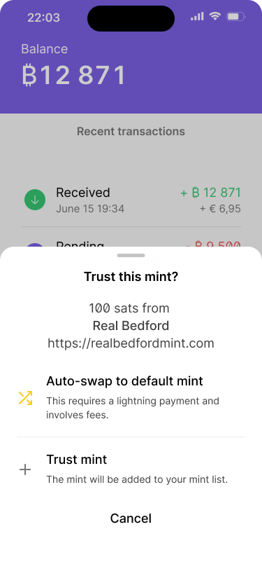 A mobile wallet interface showing a bottom sheet with the option to trust the mint that the token is being sent from, or to auto-swap the mint to their default mint.