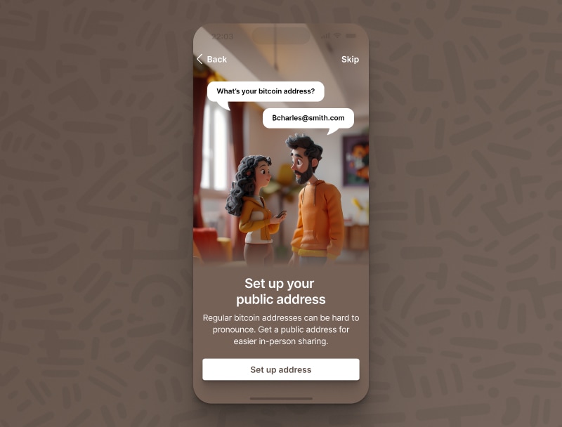 UI mock-up of a feature intro screen presenting bitcoin addresses for verbal communication
