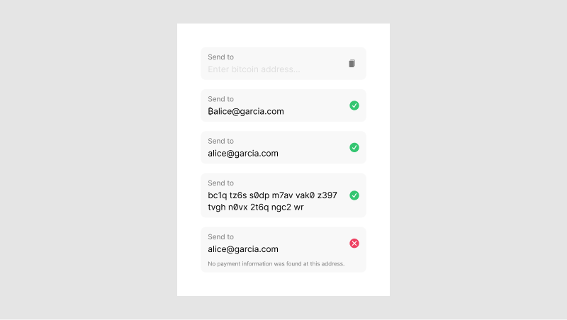 Several states of an address input field showing how a user might enter bitcoin addresses