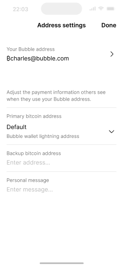 Address settings screen showing a Bubble email address 'Bcharles@bubble.com', with empty fields for backup Bitcoin address and personal message. The primary Bitcoin address shows 'Default' with a dropdown menu.