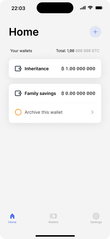 Home screen showing the inheritance wallet and the family savings wallet. It also shows a task to archive the family savings wallet.