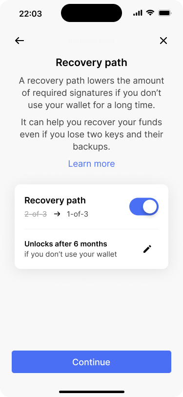 Screen showing an enabled recovery path.