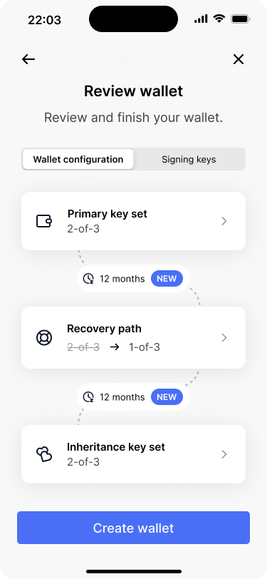 Screen showing the new wallet configuration. The changes that have been made are highlighted.