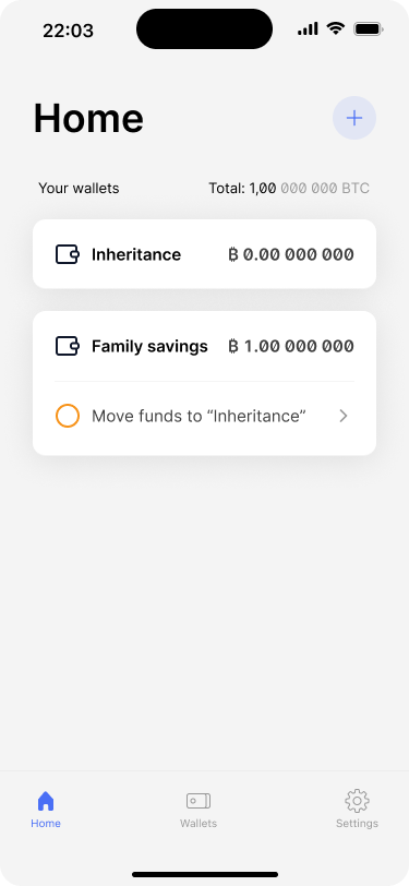 App home screen showing the Inheritance and the Family savings wallets.