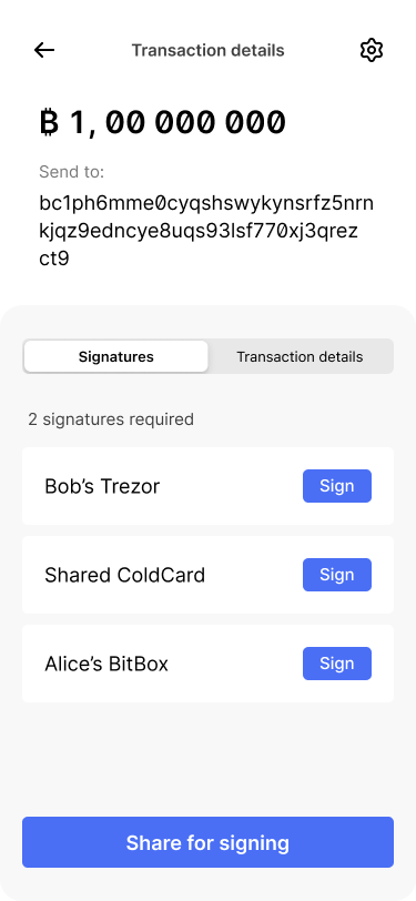 Screen showing the transaction details. It shows the three keys that can be used to sign the transaction.