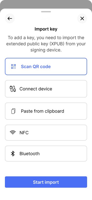 Screen showing different options to import a key.