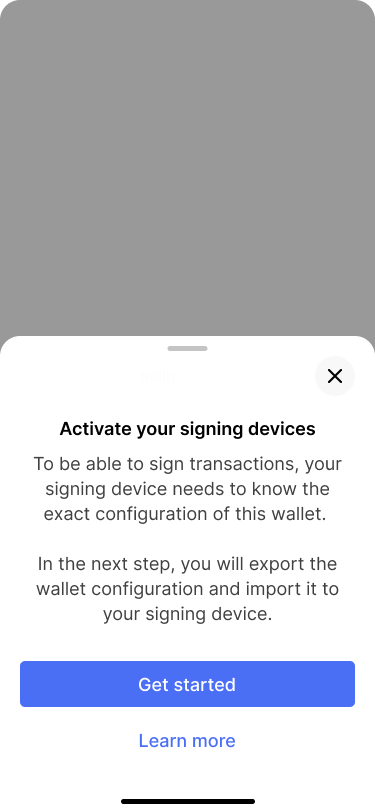 Scren showing an informational dialog about enabling signing devices.