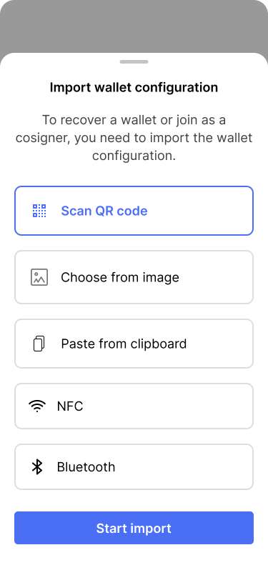 Screen showing different options for importing the wallet configuration.