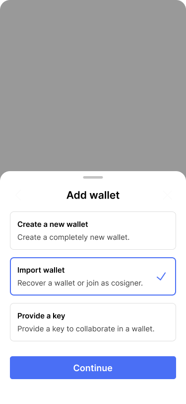 Screen showing different options for adding a wallet.